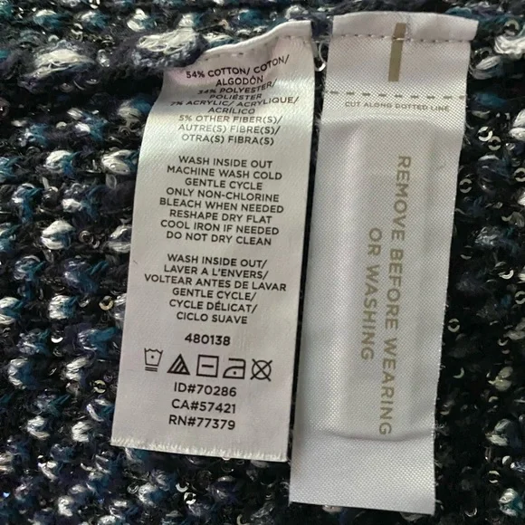 Ann Taylor Women Sequin Fringe Navy & White Metallic Chunky Knit Sweater Size XL - Picture 9 of 9